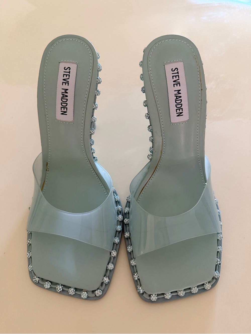 Aldo Pale Blue Jeweled Slide Heels